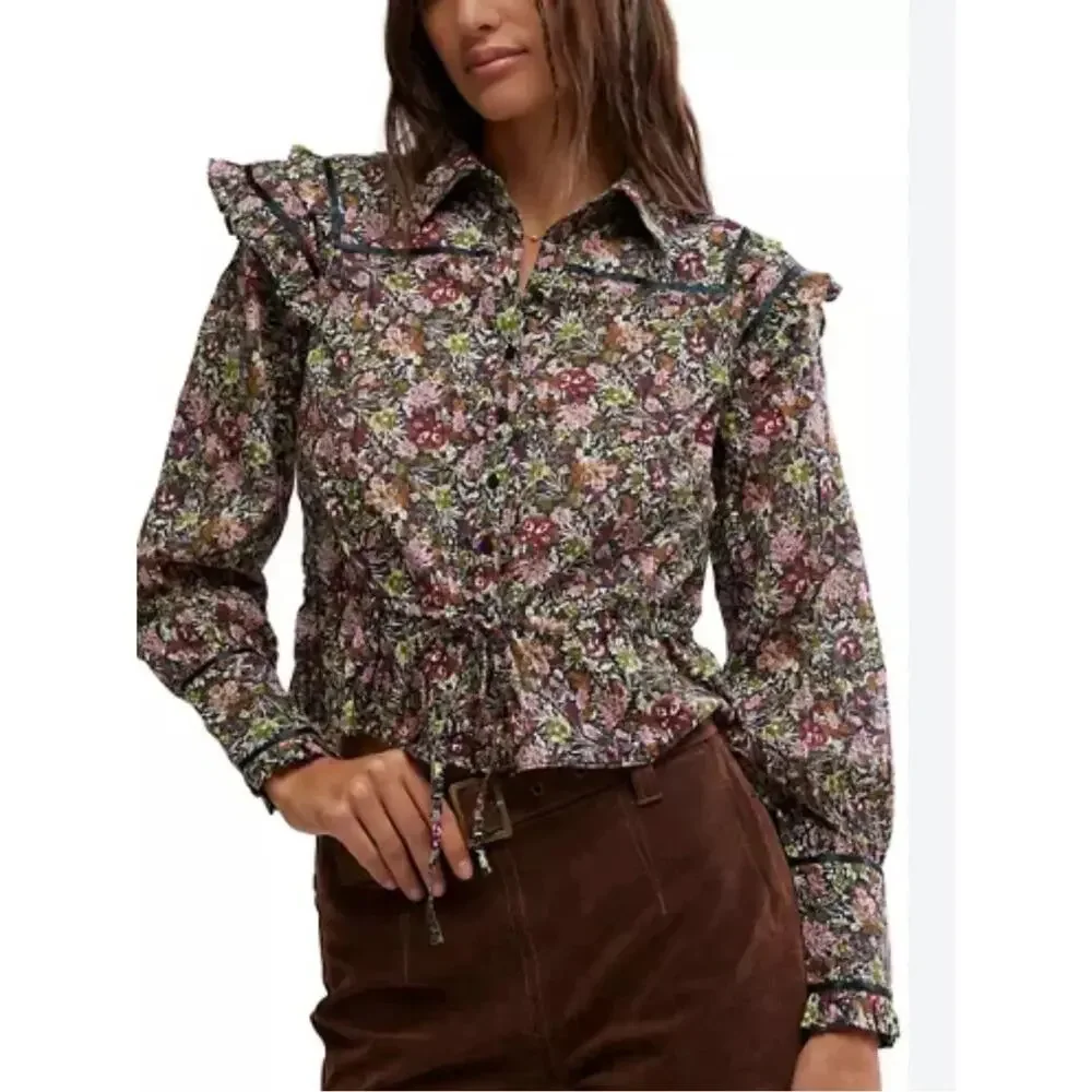 Free People Daybreak Top Womens Small Moody Floral Boho Ruffled Blouse